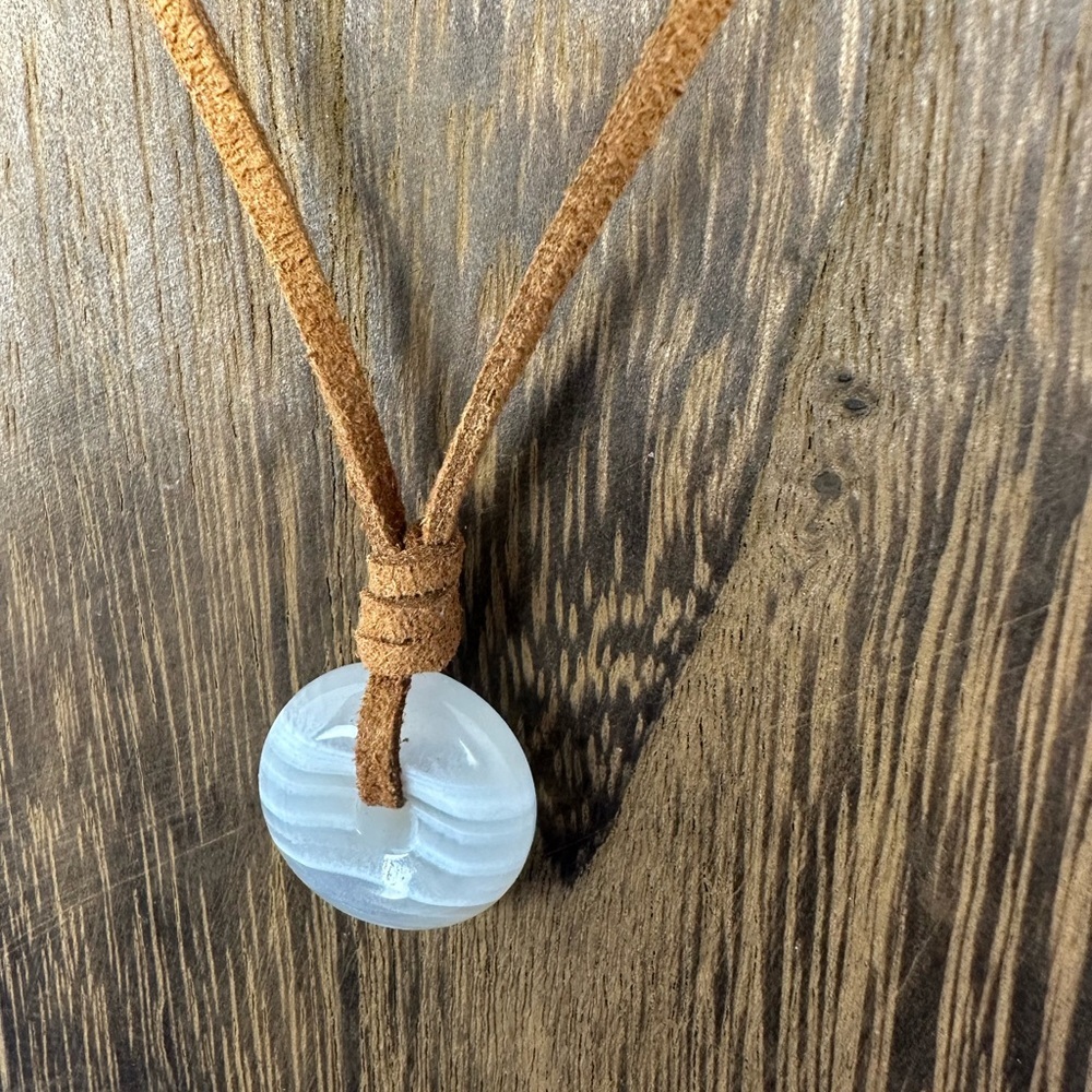 Small Banded White Agate Donut Pendant Necklace on Brown Suede - Picture 6 of 14